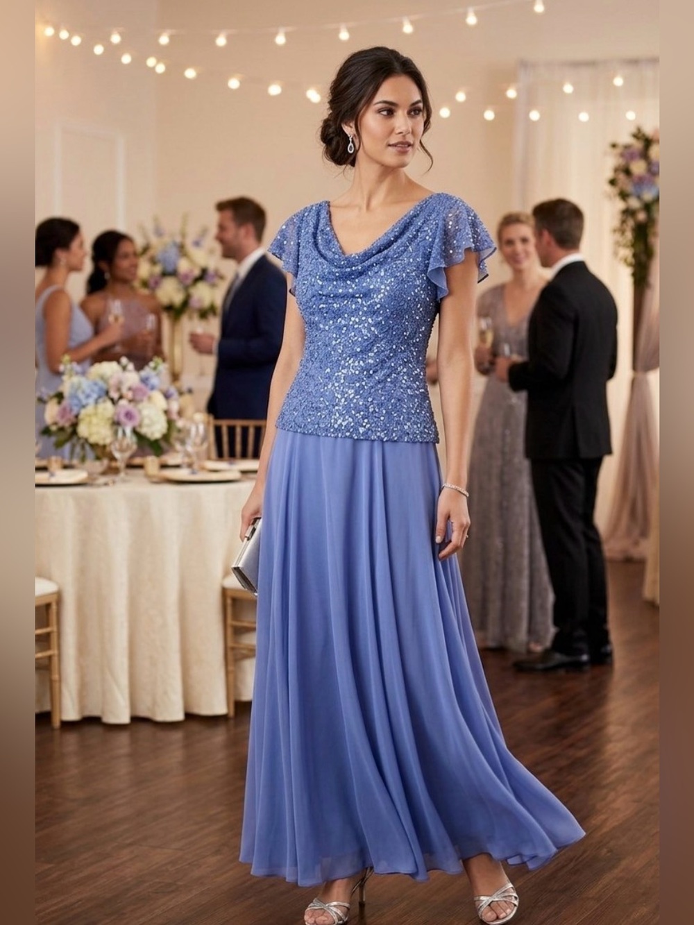 J Kara Shimmering Hand-Beaded Chiffon Evening Gown
